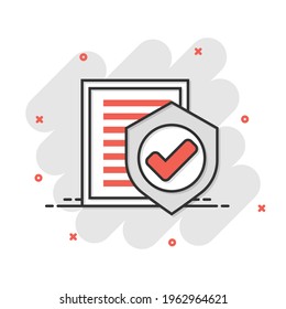 Insurance policy icon in comic style. Report vector cartoon illustration on white isolated background. Document business concept splash effect.