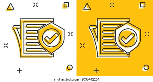 Insurance policy icon in comic style. Report vector cartoon illustration on white isolated background. Document business concept splash effect.