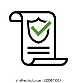 Insurance policy icon in flat design. Business document with protect symbol isolated on white. Contract with shield icon in black. Simple abstract report sign Vector design for web site, UI, mobile ap