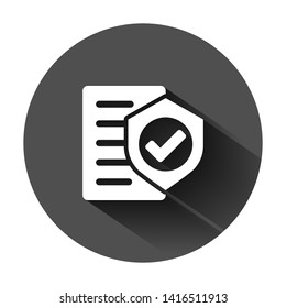 Insurance policy icon in flat style. Report vector illustration on black round background with long shadow. Document business concept.