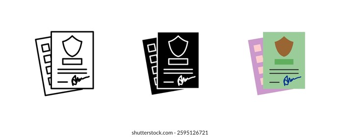Insurance policy icon. Official contract document with shield symbol and signature. Representation of financial security, risk coverage and legal protection. Assurance and agreement concept.