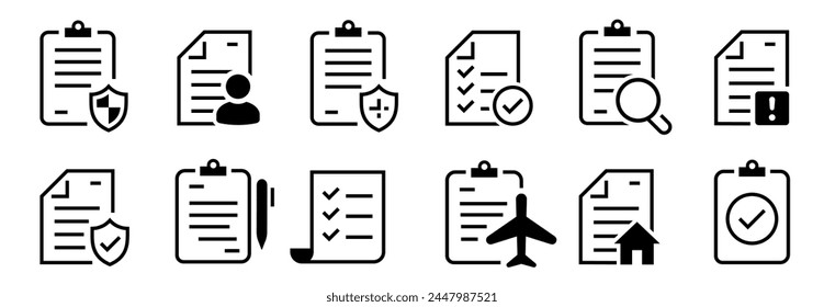 Insurance policy icon set. Certified document symbol. Approval process. Policies document. Company passed inspection. Vector illustration