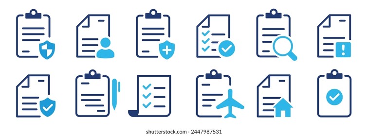 Conjunto de iconos de póliza de seguro. Símbolo de documento certificado. proceso de Aprobación. Documento de directivas. La compañía pasó la inspección. Ilustración vectorial