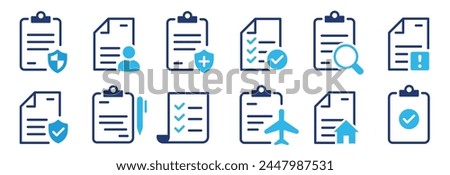 Insurance policy icon set. Certified document symbol. Approval process. Policies document. Company passed inspection. Vector illustration