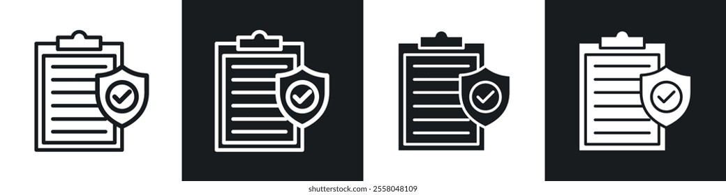 Insurance policy icons pack in black and white filled and outlined versions.