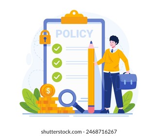 Insurance Policy Illustration. A Male Broker Agent With a Policy Agreement Paper Document