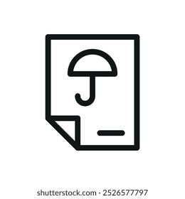 Icono aislado de la póliza de seguro, documento con el símbolo del Vector del paraguas con el golpe editable