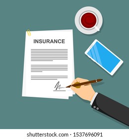 Insurance policy. . Man signature form. Claim form. Document protection property. Analyzing personnal resume. Vector illustration flat design. Isolated on green background