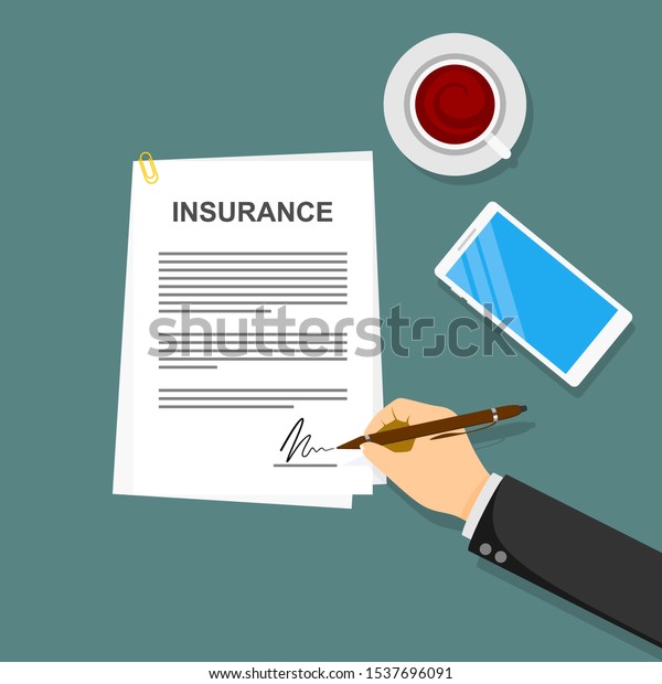 Insurance policy. .\
Man signature form. Claim form. Document protection property.\
Analyzing personnal resume. Vector illustration flat design.\
Isolated on green\
background