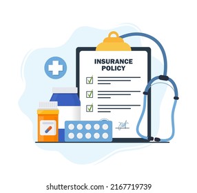 Insurance Policy On Clipboard. Health Insurance Agreement And Medical Drugs, Pills. Check List With Signature On Board. Protection, Security, Health Care Concept