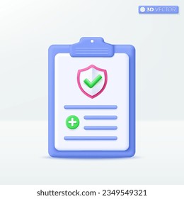 Insurance Policy on clipboard icon symbol. Health insurance, Guarantee Business, Healthcare, finance and medical service concept. 3D vector isolated illustration, Cartoon pastel Minimal style.