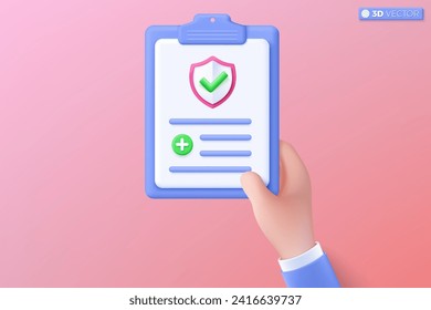 Insurance Policy on clipboard icon symbol. Health insurance, Guarantee Business, Healthcare, finance and medical service concept. 3D vector isolated illustration, Cartoon pastel Minimal style.