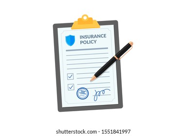 Insurance policy on clipboard with pen isolated on white background. Company agreement contract document check list with signature on board. Injury risk law legal preparedness vector illustration