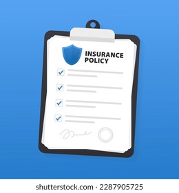 Insurance policy on clipboard with pen isolated on white background. Company agreement contract document check list with signature and seal. Vector illustration