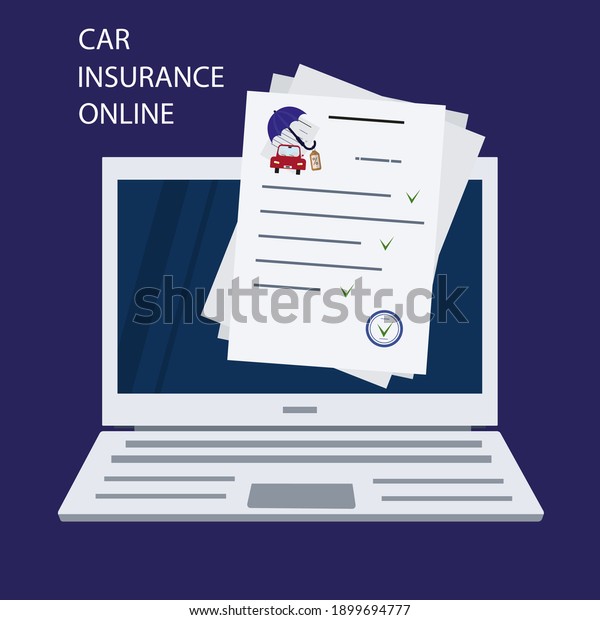 Insurance policy online. Car rental, insurance
document, vehicle safety and protection. Remote registration.
Electronic contract with seal and signature, legal transaction via
the Internet. Vector
