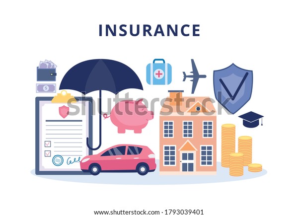 Insurance policy for property and\
health banner with belay contract, flat vector illustration\
isolated on white background. Car accident and medical\
assurance.
