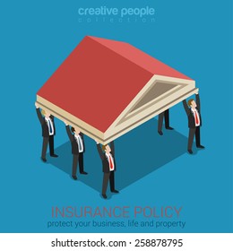 Insurance policy protecting your business flat 3d isometric concept web infographics banner vector. Group of businessmen holding huge roof classic building. Creative people collection.
