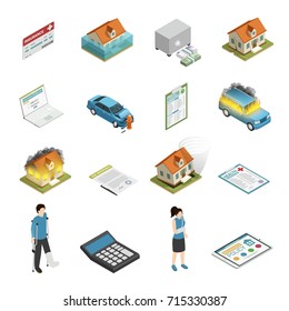 Insurance policy protection elements isometric icons collection with personal injury fire and tornado damage isolated vector illustration 