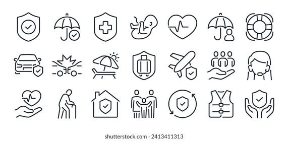 Iconos de contorno de trazo editables de concepto de riesgo, de seguros, de póliza, aislados en la ilustración plana del vector de fondo blanco. Pixel perfecto. 64 x 64.