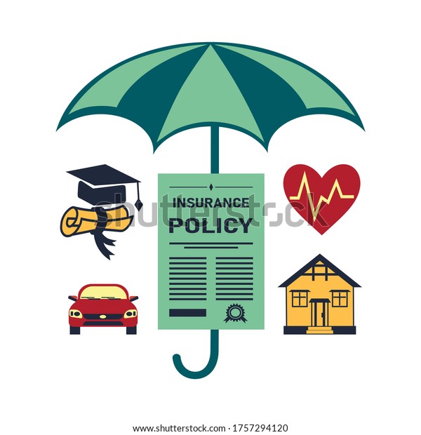 Insurance policy service concept, health,\
property and education cases abstract icons under the protective\
umbrella, vector\
illustration.