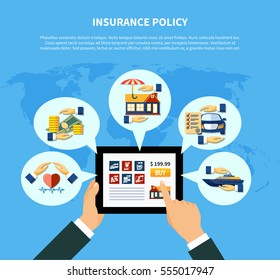 Insurance policy services concept with hands holding tablet and health money property car boat protection vector illustration