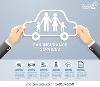 Insurance policy services conceptual design. Hand holding a paper family in car. Vector Illustrations.