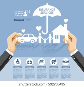Insurance policy services conceptual design. Hand holding a paper home, car, family. Vector Illustrations.