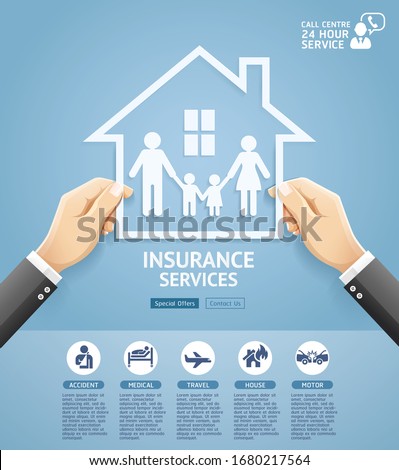 Insurance policy services conceptual design. Hand holding a paper family in house. Vector Illustrations.
