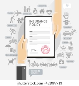 Insurance policy services. Hands give insurance document paper. Vector Illustrations.