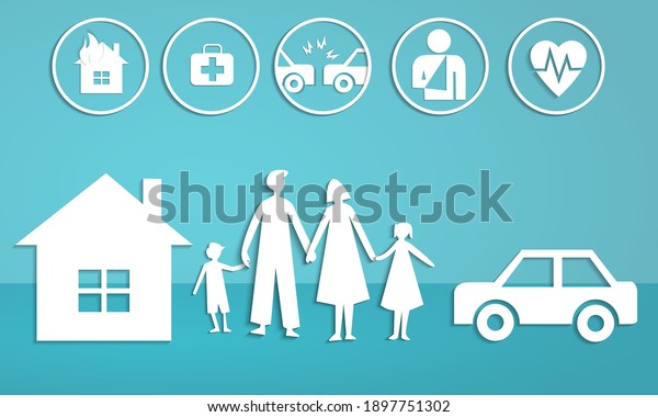 Insurance policy services, paper cut style.\
Vector Illustrations