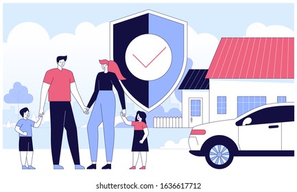 Insurance policy services. Security concept of property, home, car, family, money. Vector illustration flat design. Can use for landing page, template, ui, web, mobile app, poster, banner, flyer