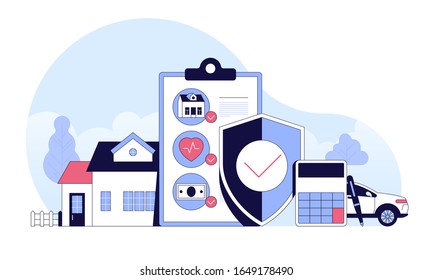 Insurance policy services. Security concept of property, home, car, family, money. Vector illustration flat design. Can use for landing page, template, ui, web, mobile app, poster, banner, flyer