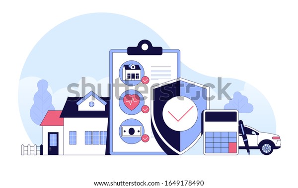Insurance policy services. Security concept of\
property, home, car, family, money. Vector illustration flat\
design. Can use for landing page, template, ui, web, mobile app,\
poster, banner,\
flyer