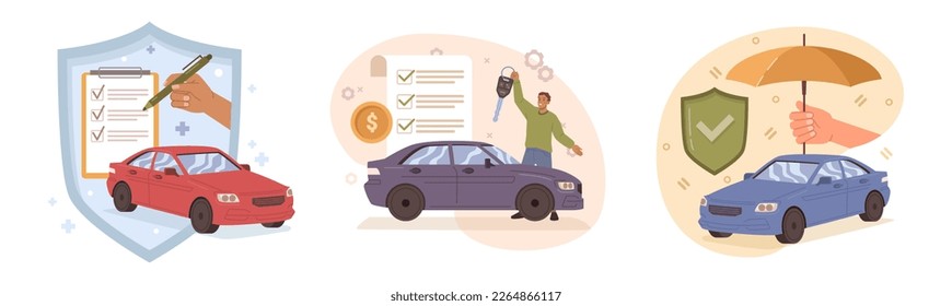 Insurance policy for vehicle, security and safety for property. Isolated cars and signed agreement between owner and agent from company. Vector in flat style