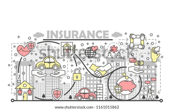 Insurance poster\
banner template. Life, health, property, deposit insurance symbols.\
Vector thin line art flat style design elements, icons for web\
banners and printed\
materials.