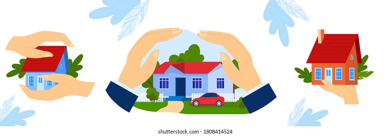 Insurance property vector illustration. Cartoon flat businessman hands shield and protect family house real estate, holding residential household building, insurance business offer concept background