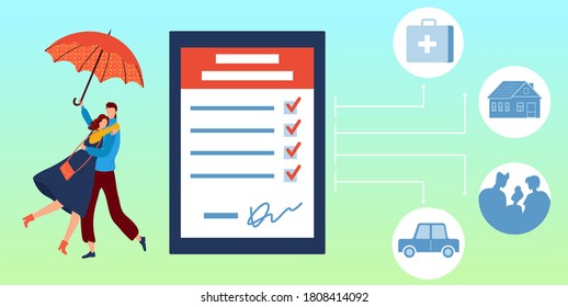 Insurance protect vector illustration. Cartoon flat tiny couple people hug, hold protecting umbrella, stand next to finance contract form document, financial protection of insurance service background