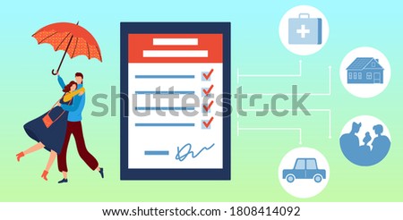 Insurance protect vector illustration. Cartoon flat tiny couple people hug, hold protecting umbrella, stand next to finance contract form document, financial protection of insurance service background