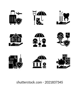 Insurance and protection black glyph icons set on white space. Covering traveling costs. Disability. Dentist visit. Life policies. Home insurance. Silhouette symbols. Vector isolated illustration