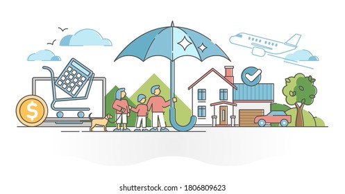 Insurance protection for car, travel and health safety coverage outline concept. Security or accident risk financial reimbursement vector illustration. Repair damage as abstract umbrella over property