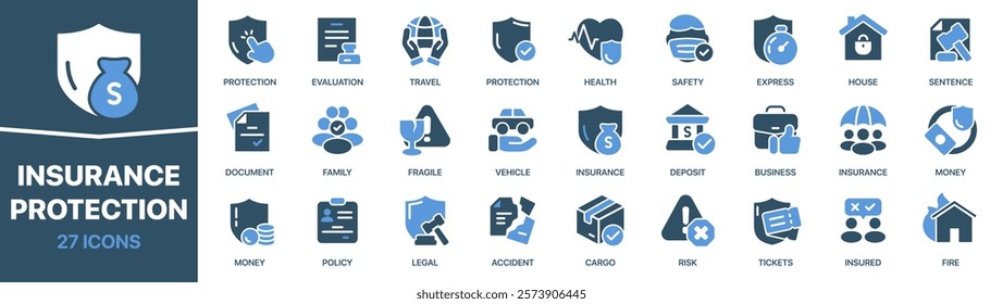 Insurance and protection colored signed icon collection. Safety, sentence, money, business, cargo icons. UI icon set. Colored icons pack. Vector illustration EPS10