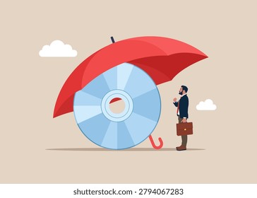 Insurance, protection. Compact Disk under umbrella. CD RW is an old medium to store information on computers. Flat vector illustration