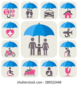 Insurance Protection Concept Icons. All Insurance And Umbrella Symbols. Vector Illustration.
