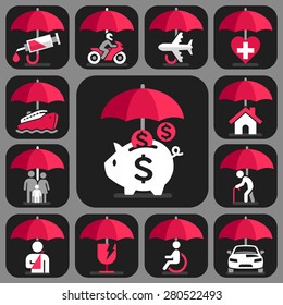 Insurance Protection Concept Icons. All Insurance And Umbrella Symbols. Vector Illustration.