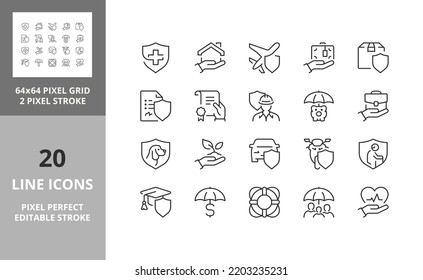 Conjunto de iconos de línea delgada de conceptos de seguro y protección. Colección de símbolos de esquema. Razo vector modificable. 64 y 256 Pixel Perfecto escalable a 128px