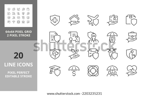 Insurance and protection concepts thin\
line icon set. Outline symbol collection. Editable vector stroke.\
64 and 256 Pixel Perfect scalable to\
128px