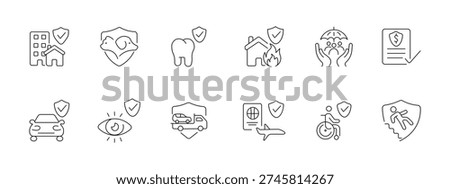 Insurance protection coverage set icon. Building pet tooth house family policy car eye vehicle passport wheelchair shield depict safety risk support service.