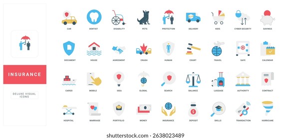 Insurance and protection of health and life, home, finance savings and travel color icon set. Contract and insurance policy protect against risks of accidents and disability flat vector illustration