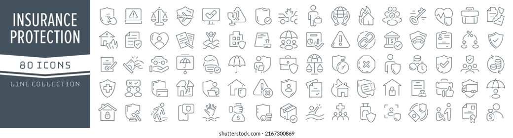 Insurance and protection line icons collection. Big UI icon set in a flat design. Thin outline icons pack. Vector illustration EPS10