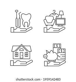 Insurance And Protection Linear Icons Set. Dental Care. Property Coverage. Repairing, Rebuilding House. Customizable Thin Line Contour Symbols. Isolated Vector Outline Illustrations. Editable Stroke